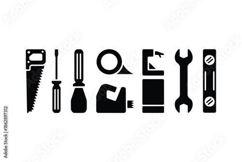 Assorted construction and repair tools icons are displayed in a row lineup.