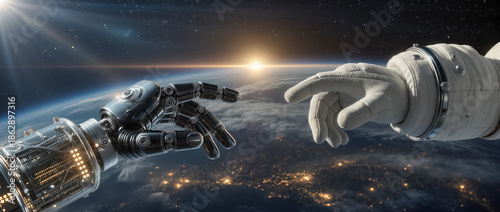 A robot hand extends toward an astronauts gloved hand in outer space, with Earth visible in the background along with a sunrise illuminating the scene.