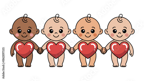 Unity of Hearts: A heartwarming image showcasing a group of adorable babies, each with a unique skin tone, holding hands with a shared red heart, symbolizing love and togetherness. 