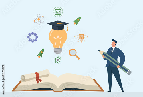Innovation in Education: Graduation Lightbulb, Book Learning, STEM Tech Icons, Research, Career Growth, 5 concept titles: Creative Learning, STEM Technology, Research & Discovery