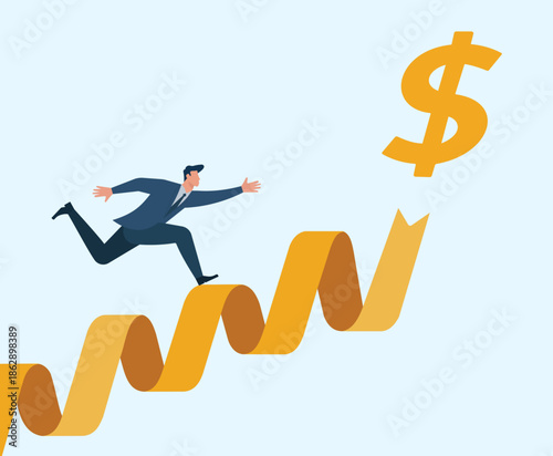 Businessman running up a rising profit chart toward a dollar sign, Financial growth, Profit increase, Investment success, Revenue momentum, Wealth goal