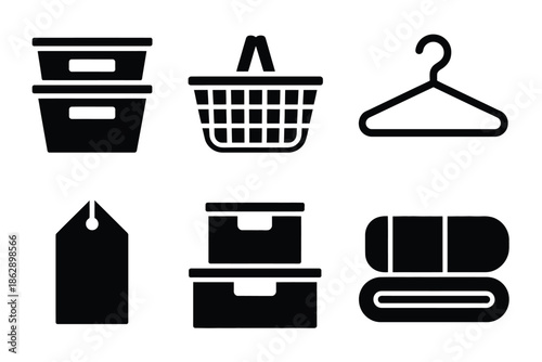 Clutter reduction icons show organizing bins, a basket, and clothing.