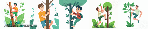 vector young man climbing a tree