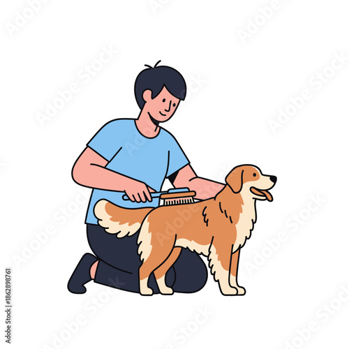 Man grooming a golden retriever with a brush.