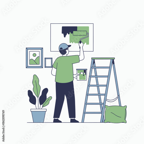 Man painting a wall with a ladder and plants.