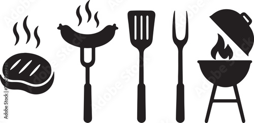 Barbecue Icon Set Silhouette Steak, Sausage, Spatula, Fork, and Grill Symbol Vector Illustration