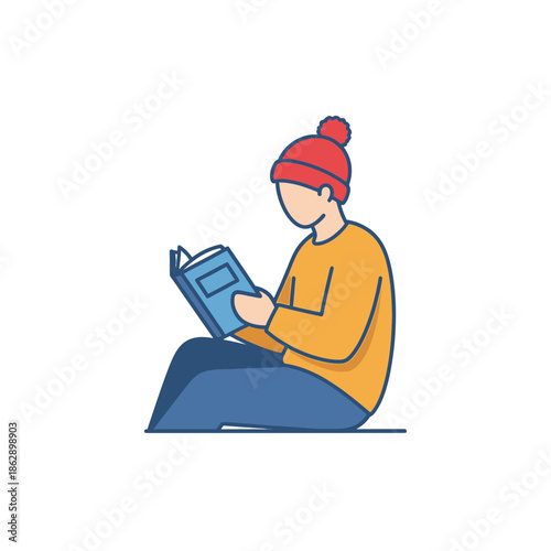 Person reading a book in winter clothing.