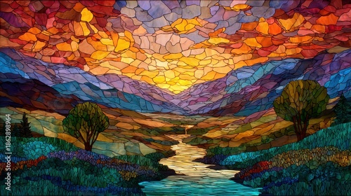 Vibrant stained glass landscape at sunset