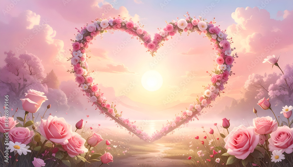 custom made wallpaper toronto digitalLarge heart shaped flower arch over a lake at sunset with pink roses in a romantic garden.