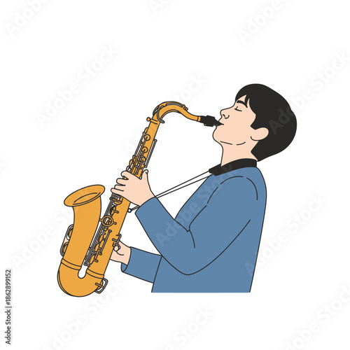 Young Man Playing Saxophone Music Instrument.
