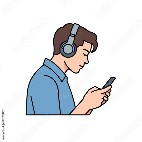 Young man wearing headphones and looking at his phone.