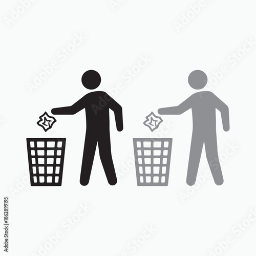 Black and gray figures throwing trash into bins garbage