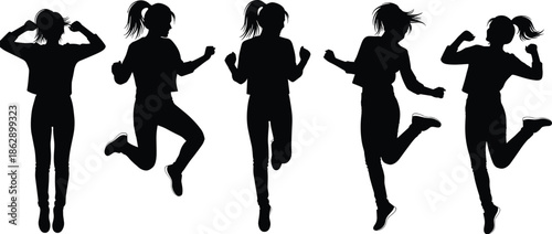 Silhouettes of person with ponytail in jumping and standing poses, black figures, expressive motion, white background, movement and energy illustration