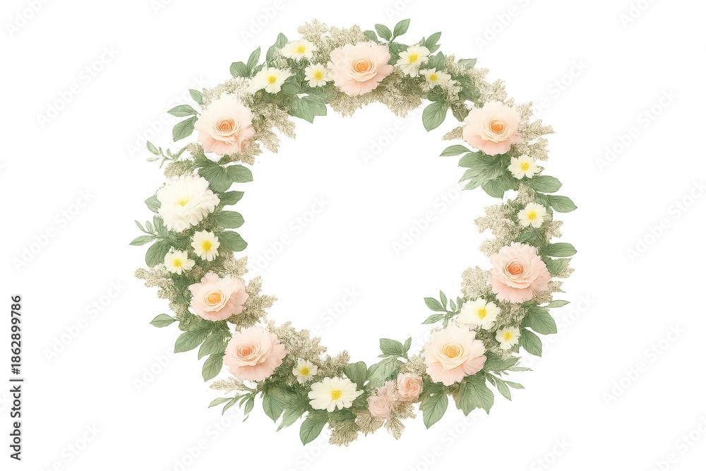 Fototapeta premium Floral rose wreath frame with transparent background, circle blossom art.