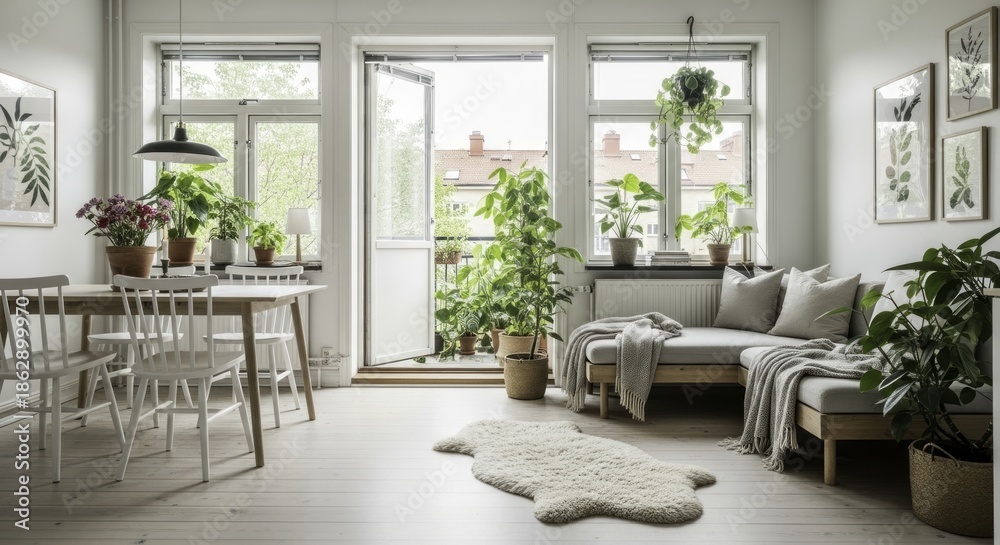 Fototapeta premium Bright and Airy Scandinavian Living Room with Dining Area, Lush Indoor Plants, Balcony, and Natural Light, Featuring Light Wood Furniture and Botanical Wall Art