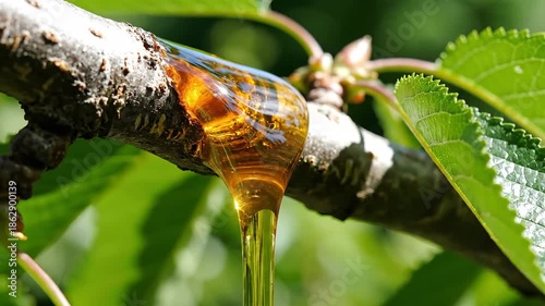 Closeup view of golden amber resin or sap slowly dripping from a cherry tree branch in a vibrant green natural forest environment during a sunny day showcasing the trees natural healing process and o.