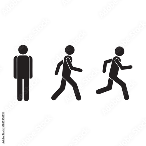 Three black stick figures showing different movement states