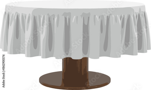 Elegant round wooden pedestal table covered with a white draped ruffled tablecloth isolated on white background for interior furniture decor.