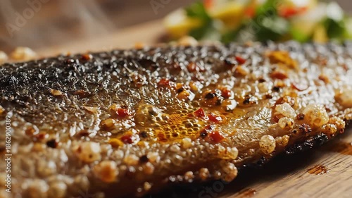 Deliciously prepared panfried fish fillet seasoned with vibrant spices and herbs showcasing a perfectly crispy goldenbrown skin ready to be served as a gourmet meal on a rustic wooden surface.