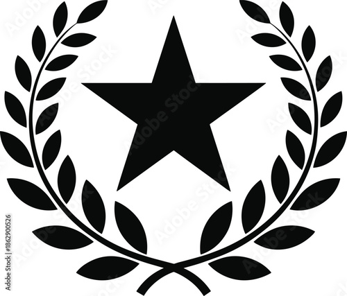 Star and laurel wreath vector illustration, achievement symbol, honor emblem, black silhouette design, excellence icon, award graphic, stock artwork