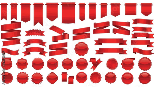 Collection of glossy red ribbon banners, seals, and badge icons
