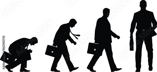 Silhouettes of businessperson evolution with briefcase, black figures, career posture, white background, professional growth and success illustration