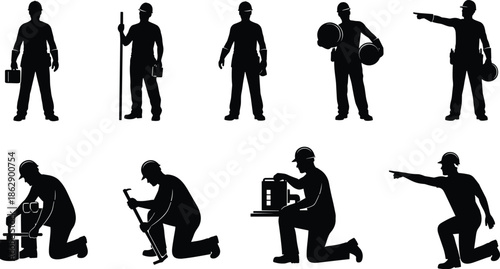 Silhouettes of construction workers in diverse roles and poses, black figures, labor posture, white background, industry and teamwork illustration