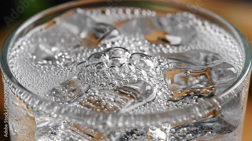 Refreshing clear sparkling water being poured into a transparent glass filled with glistening ice cubes creating an effervescent display of bubbles and a cool crisp sensation perfect for hydration an.