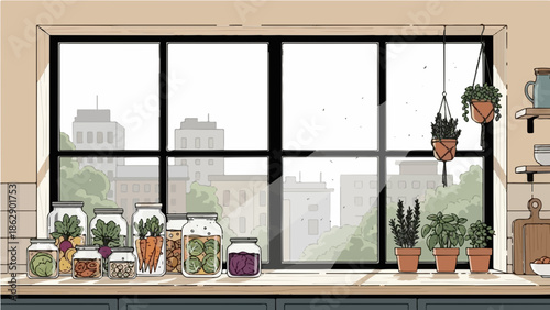 Modern kitchen window with hanging herbs and fermentation jars, urban foraging and slow living lifestyle.