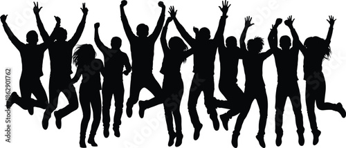 Silhouettes of group jumping with raised arms, black figures, expressive gesture, white background, celebration and unity illustration