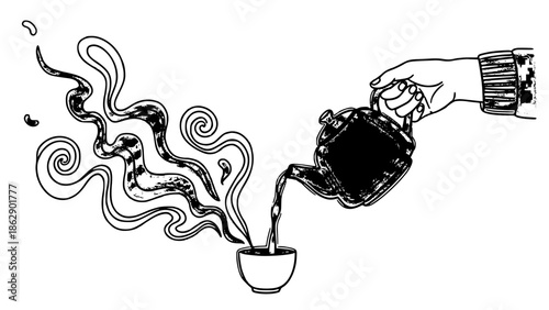 Hand-drawn flat vector of pouring tea with abstract steam swirls, relaxation and focus flow state concept.