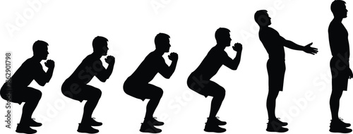   
Silhouettes of person performing jump squat sequence, black figures, fitness posture, white background, workout and plyometric movement illustration