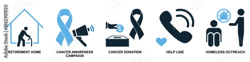 Set of charity donation icon vector for fundraising apps. Ideal for philanthropy, volunteering, giving money, food drives, and non-profit organization symbols.