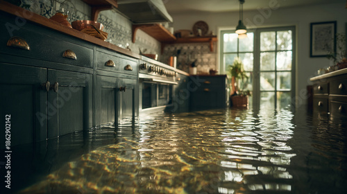 A kitchen with dark cabinets and a flooded floor with water reflecting light from a window