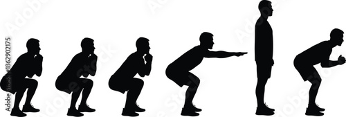 Silhouettes of person performing squat exercise sequence, black figures, fitness posture, white background, workout and movement illustration