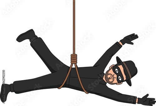 Burglar or thief character in black mask and hat hanging from a rope during a heist mission for crime security and robbery concept.