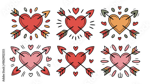Romantic Hearts: A vibrant illustration of hearts pierced by arrows, representing love, passion, and affection. The playful arrangement adds a touch of whimsy. 