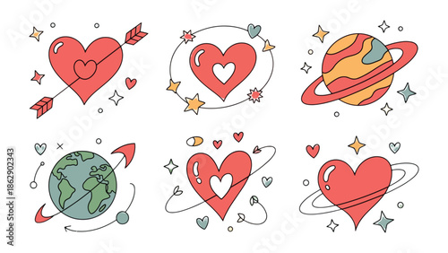 Cosmic Love Collection: Adorn your projects with a stellar arrangement of delightful heart and planet illustrations, perfect for designs that aim to ignite affection and cosmic allure.
