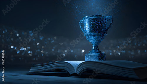 Wallpaper Mural Futuristic night scene of digitized trophy emerging from open book Torontodigital.ca