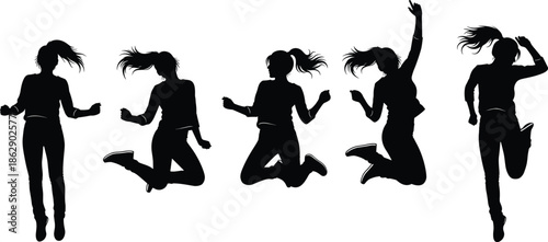 Silhouettes of person with ponytail in jumping poses, black figures, expressive motion, white background, movement and energy illustration