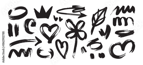 doodle ink brushstroke elements hearts arrows crown clover leaf