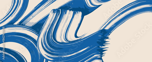 abstract sweeping blue and white brushstrokes on beige canvas