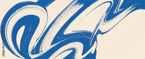 abstract brushstroke painting in blue and white on beige background