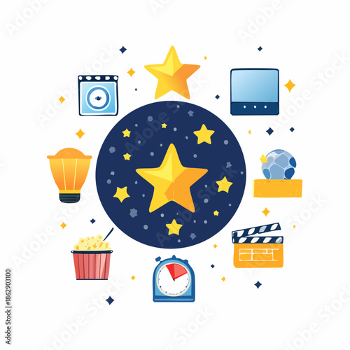 Dynamic illustration representing the captivating essence of the film and entertainment industry, featuring key elements and prestigious awards