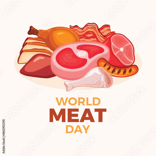 World Meat Day poster vector illustration. Pile of raw and cooked meat icon. Beef, pork, poultry and others vector. Many types of meat drawing. Template for background, banner, card. 6 June