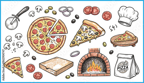 Colorful pizza-themed illustration with pepperoni, ingredients, oven, cutter, and delivery box for vector food and restaurant content