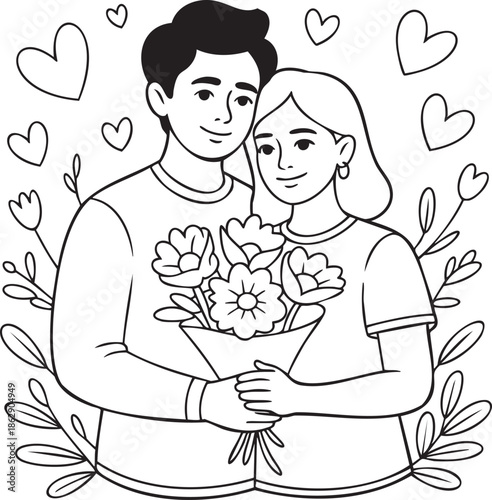 A loving couple embracing with flowers and hearts a charming illustration