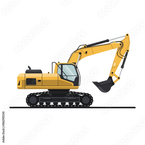 Yellow Excavator Construction Vehicle, Digging Machine on Tracks, Isolated White Background