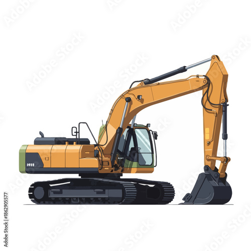 Orange excavator construction vehicle, heavy machinery on white background, industrial equipment
