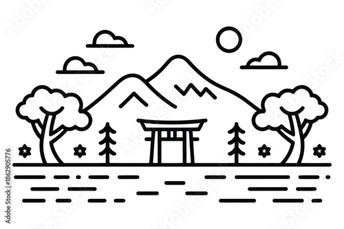 Minimalist line art depicts a Japanese Torii gate beneath majestic mountains.